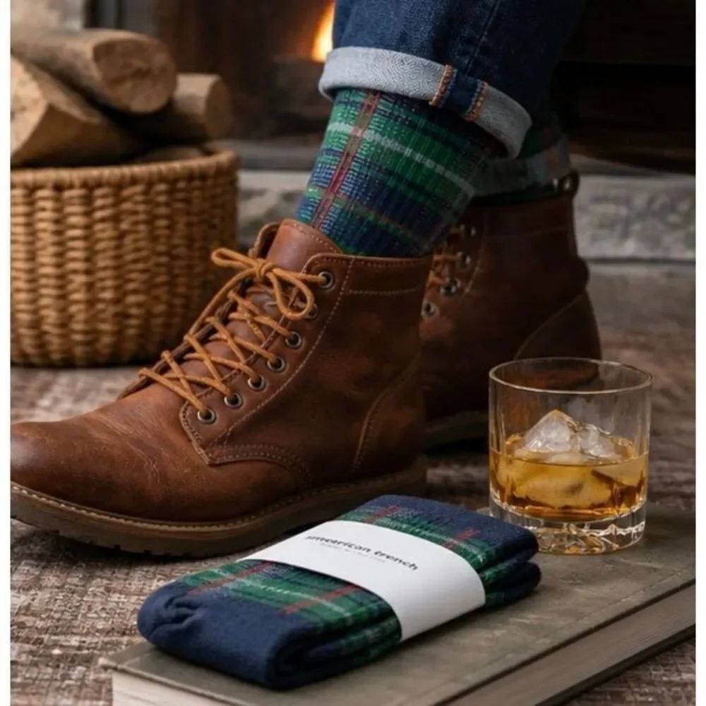 American Trench McCallister Plaid Sock Navy Green Tartan High Crew Men 7-12 USA